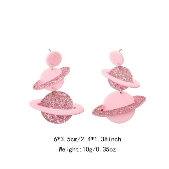 Sparkle Pink Saturn Planet Acrylic Drop Stud Earrings - Picture 5 of 7